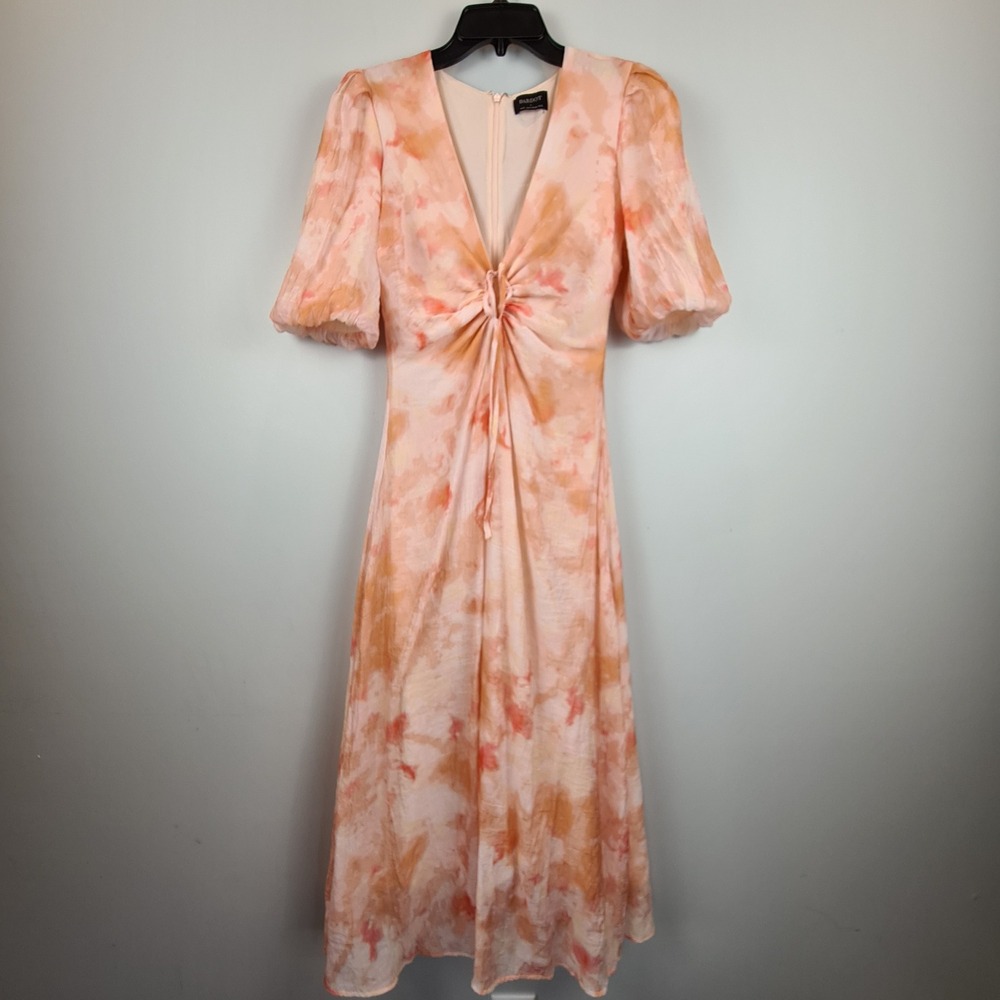 Bardot Fsrlow Peach Watercolor Abstract Puff Sleeve V-Neck Midi Dress Size US 4